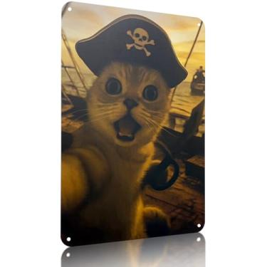 Imagem de Ydeaom Arte de parede de metal de gato engraçado, decoração de parede vintage com moldura retrô, pôster de animal caprichoso para bar em casa, caverna masculina, banheiro, escritório (20 x 25 cm