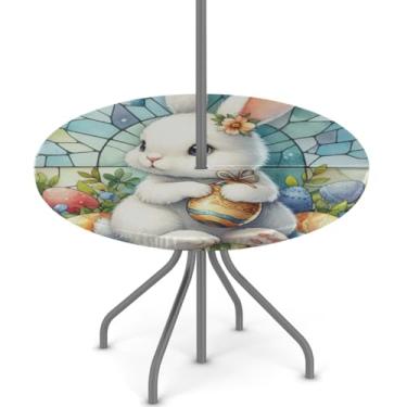 Imagem de hongjinglin Toalha de mesa de Páscoa para uso ao ar livre com orifício para guarda-chuva, toalha de mesa redonda elástica com zíper, impermeável, limpável, para piquenique, festa, pátio, serve para