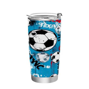 Imagem de Blueangle Copo de 590 ml com tampa e canudo, copo de café com água isolada a vácuo de aço inoxidável, caneca de viagem de futebol azul, copo térmico para bebidas quentes e frias (404)