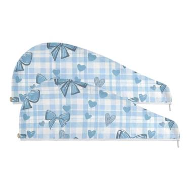 Imagem de SEHANY Linda toalha de cabelo de microfibra com laço azul para mulheres, 2 peças, turbantes de cabelo de secagem rápida com botão, touca de cabelo seco absorvente toalha de secagem de cabelo para