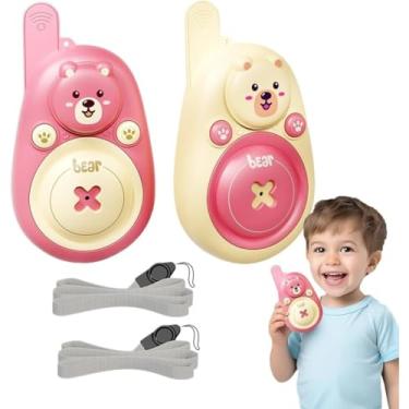 Imagem de Kit 2 Brinquedos Walkie-Talkie Rádio Comunicador Infantil, Formato de Urso, Rosa e Amarelo, com Cordões