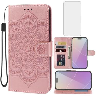 Imagem de Bohefo Capa para iPhone 17 Pro/capa carteira para Apple 17 Pro com protetor de tela de vidro temperado, suporte para cartão de crédito de couro mandala para iPhone 17 Pro, ouro rosa