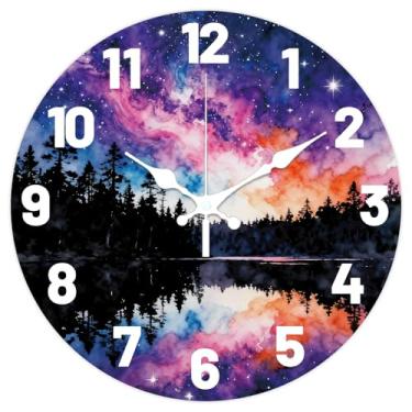 Imagem de CHGCRAFT Relógio de parede com padrão de céu colorido, silhueta floresta, sem tique-taque, padrão de reflexos, 30,5 cm, relógios decorativos redondos, relógios de parede impressos para decoração de