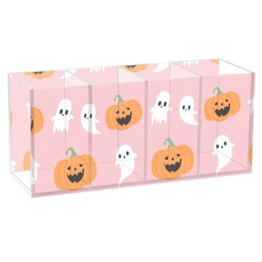 Imagem de Burbuja Porta-canetas de acrílico com desenho animado Fantasmas Abóboras, 4 compartimentos, suporte de lápis transparente para pincéis de maquiagem, acessórios de mesa de escritório em casa