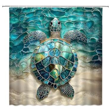 Imagem de HWSSHW Cortina de chuveiro tartaruga marinha azul-petróleo oceano praia vitral animal costeiro vida marinha conjunto de cortina de banheiro com ganchos