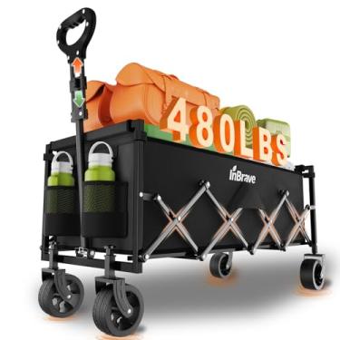 Imagem de InBrave Carrinho dobrável extralongo, vagões utilitários resistentes de 217 kg com rodas para todo o terreno, carrinhos de mercearia dobráveis para jardinagem, compras, praia, acampamento, preto