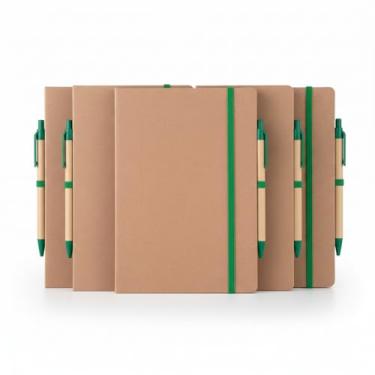 Imagem de Kit Escritório Ecológico, Caderno de Anotações em Papel Kraft 21,5x14cm com 30 Folhas Pautadas, Elástico e Suporte para Caneta, Inclui Caneta de Papel Reciclado (5, Verde)