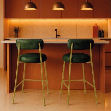 Imagem de Banqueta Cozinha Média Com Encosto Industrial Dourado Kit 2 Londres Pu Verde D03 - D`rossi
