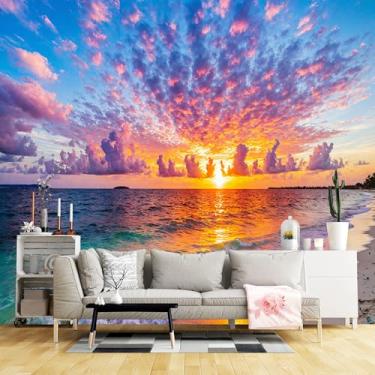 Imagem de Murais de parede de tamanho personalizado, tecido de parede autoadesivo de praia tropical vibrante pôr do sol (sem PVC) Papel de parede grande removível para sala de estar, quarto, escritório