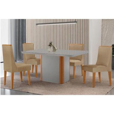 Imagem de Sala Jantar Mesa Pietá Tampo c/ Vidro Curvo 120cm+4 Cadeiras Dakota Madeira Naturale/Off White - Capuccino/Linho Bege - Rufato