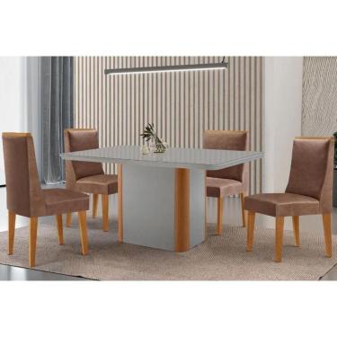 Imagem de Sala Jantar Mesa Pietá Tampo c/ Vidro Curvo 120cm+4 Cadeiras Dakota Madeira Naturale/Off White - Capuccino/Corano Capuccino - Rufato