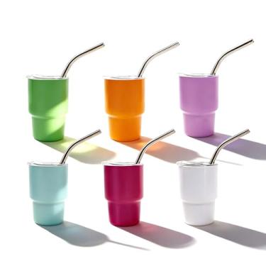 Imagem de BEDAZE Conjunto de copos de dose mini copo de 85 g com palha, sublimação de camada dupla de metal em branco de aço inoxidável com tampas para bebidas de festa, café, coquetéis (6 peças -