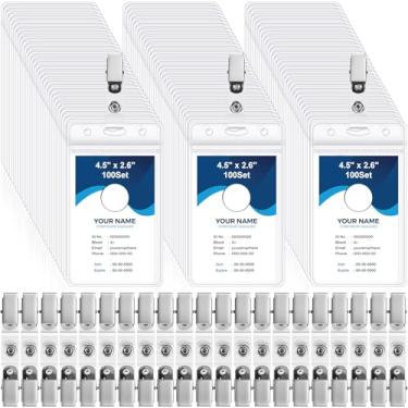 Imagem de Marspark Porta-crachá de identificação com clipes de crachá de metal e tiras de PVC à prova d'água selado plástico transparente para crachá de nome, clipes de carteira de carro de escritório (vertical