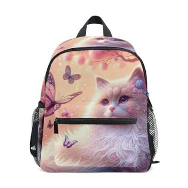 Imagem de GAIGEO Ragdoll Cat Cherry Blossom Pink Little Kid Backpack 10x4x12 In, Backpack for Boys with Water Bottle Pockets, Whistle Buckle