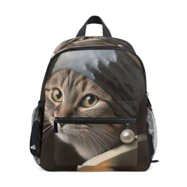 Imagem de Funny Cat with Pearl Earring Simple Modern Kids Backpack, 10x4x12 In, Girls Small Backpack Includes Water Bottle Pockets, Whistle Clip for Safety