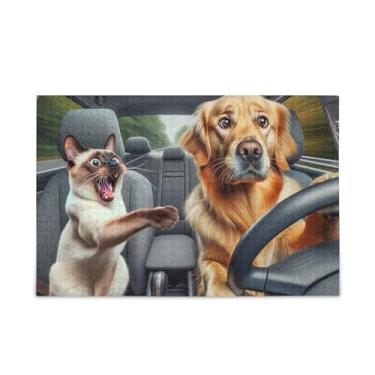 Imagem de Quebra-cabeça de cachorro dirigindo com gato quebra-cabeça engraçado para adultos, tamanho final 75 x 50 cm