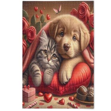Imagem de Quebra-cabeça para adultos 1000 peças romântico filhote de cachorro gatinho presentes de dia dos namorados para jogo de elefante branco, quebra-cabeças cena de outono, pintura de animais fofos, 1000