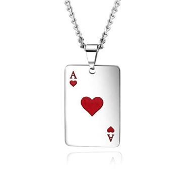 Imagem de Punk Stainless Steel Playing Cards Poker Tag Pendant Necklace Women Men Lucky Stone Ace of Spades Ace of Hearts Game Chain Necklace Hip Hop Unisex Jewelry Gift (silver red A)