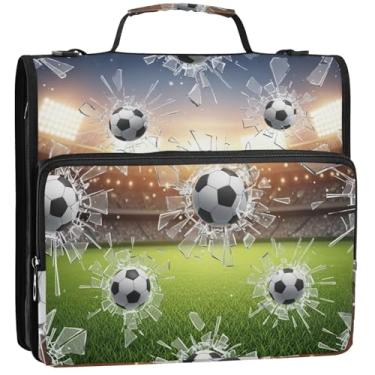 Imagem de Bolas de futebol legais 3 argolas para fichários de 3 anéis resistentes com zíper bolsa organizadora com alça para escola, vários bolsos, pasta grande, 34,5 x 31,5 x 9 cm