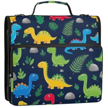 Imagem de Dinossauros coloridos de desenho animado 3 fichários com 3 anéis d fichário organizador de fichários escolares com alça de ombro pasta de armazenamento de desenhos animados com alça, 34,5 x 31,5 x 9