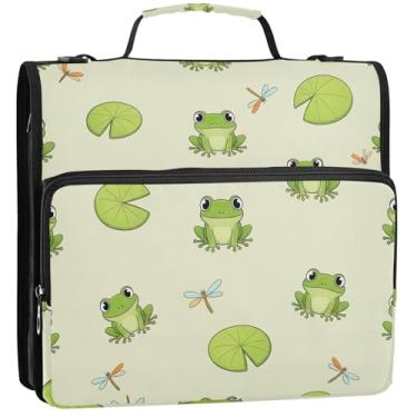 Imagem de Lindo fichário com 3 anéis de 3 anéis de 3 anéis de desenho fofo sapos verdes organizador de fichários com zíper, vários bolsos, pasta grande para fichários escolares com alça de ombro, 34,5 x 31,5 x