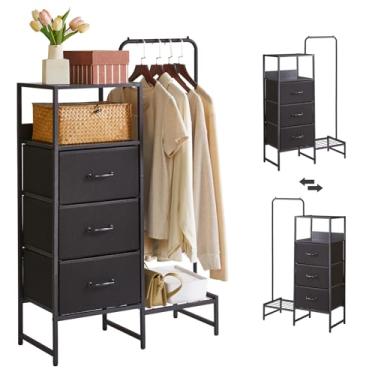 Imagem de Aibiju Cômoda com prateleiras e haste para pendurar, 3 gavetas, cabide de casaco pequeno, suporte de roupas reversível para corredor, entrada, quarto, sala de estar, preto YD-TM081B