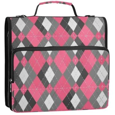 Imagem de 3 fichários de 3 anéis de 3,8 cm Argyle Check com zíper organizador de fichários escolares bolsa com alça de ombro divertida para portfólio comporta 500 lençóis, 34,5 x 31,5 x 9 cm
