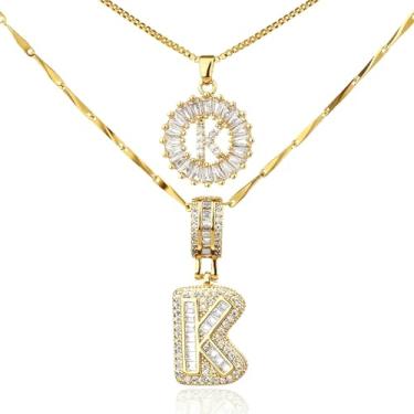 Imagem de MINDEKA Pacote com 2 colares femininos com inicial de zircônia cúbica banhada a ouro 14K, joias delicadas com inicial inicial para mulheres, colar com pingente de alfabeto A-Z personalizado, 18"+2