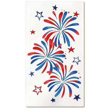 Imagem de Whaline 50 guardanapos patrióticos para convidados guardanapos descartáveis vermelho azul fogos de artifício estrela jantar guardanapo de papel de mão para 4 de julho Dia da Independência festa