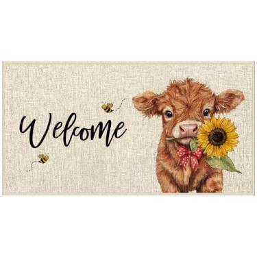 Imagem de Dlzdn Highland Cow, Girassol, Capacho para Férias, Verão, Boas-Vindas Antiderrapantes, Tapetes de Entrada com Base de Borracha para Piso de Entrada Interior e Exterior, 40,6 x 76 cm