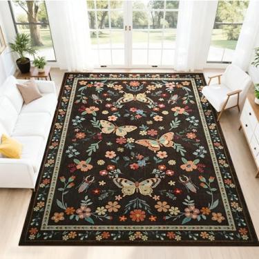 Imagem de FALARK Tapetes laváveis para sala de estar, tapete com estampa floral de borboleta, 10 x 15 cm, tapete antiderrapante para quarto, jantar, escritório, sala de jogos, decoração de casa, marrom