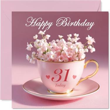 Imagem de Stuff4 Cartões de aniversário de 31 anos para mulheres - Copo de flores - Cartão de feliz aniversário para mulher de 31 anos, esposa, filha, irmã, colega, cartões comemorativos de 14 cm