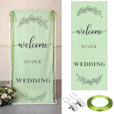 Imagem de Yousoontic Faixa de boas-vindas de casamento rústica de linho faixa de cerimônia simples com fita de cetim e clipe de retenção para cerimônia, arco, cenário de recepção (verde e branco, bem-vindo ao