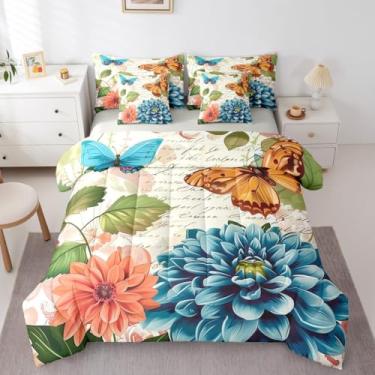Imagem de Erosebridal Jogo de cama com 7 peças de borboleta, vintage, para quarto de adolescentes, crianças, floral, jardim, botânico, rústico, casa de fazenda, amarelo e verde