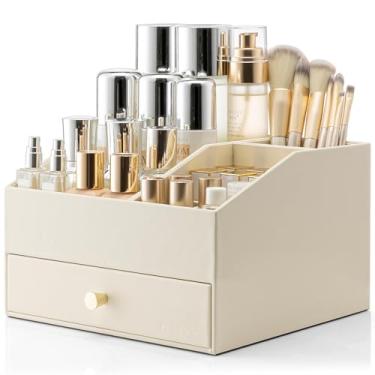 Imagem de Vlando Organizador de maquiagem, organizador de maquiagem com gavetas, organizador de perfume de couro sintético, grande estojo cosmético para batom, pincéis, presentes para mulheres - bege