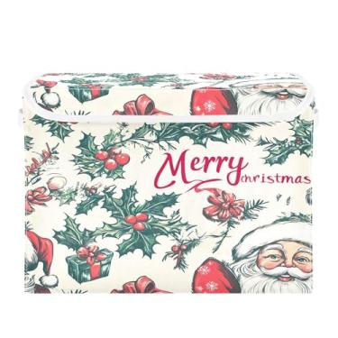Imagem de SEHANY Linda caixa de armazenamento de Papai Noel de Natal com tampas e alças, organizador de cestas de armazenamento de tecido dobrável, caixas de armazenamento de cubos grandes para roupas, cobertor