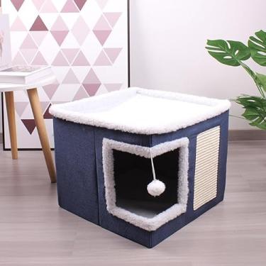 Imagem de Casinha Dobrável para Gatos com Arranhador de Sisal e Brinquedo Suspenso – Conforto e Diversão(AZUL MARINHO)