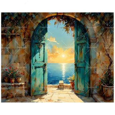 Imagem de TAOPAOLAB Kit de pintura por números Ocean View para adultos – Porta dupla DIY e pôr do sol à beira-mar pintura em tela 40 x 50 cm, conjunto de tinta acrílica, adequado para iniciantes, arte para