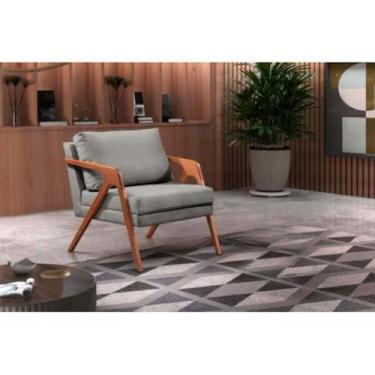 Imagem de Poltrona Decorativa Mona Luxo Linho Cinza e Base Madeira Maciça - CASA