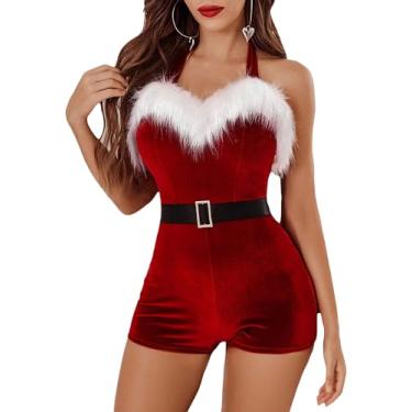 Imagem de MBZJSDKHLK Macacão feminino sexy de veludo, fantasia de Papai Noel, sem mangas, fantasia de Natal com cinto (A-vermelho, P)