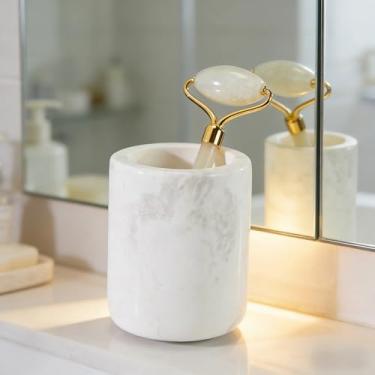 Imagem de Suporte de escova de dentes de mármore branco natural para banheiro, copo de escova de dentes de mármore branco orgânico Mordern, suporte de lâmina de textura de luxo, organizador de lâminas para