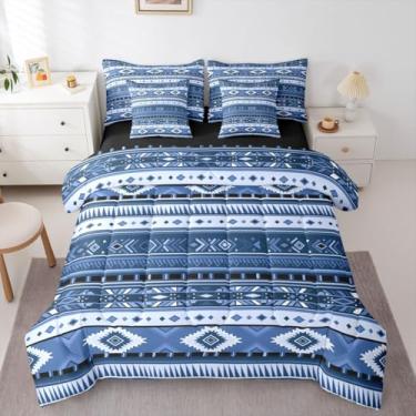 Imagem de Erosebridal Conjunto de edredom de casa de fazenda asteca, branco, azul escuro, tamanho queen, 7 peças, caubói, caubói, boêmio, sudoeste, para adultos, roupa de cama geométrica tribal