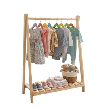 Imagem de Arara Infantil de Madeira com Prateleira, Organizador de Roupas e Sapatos, Natural