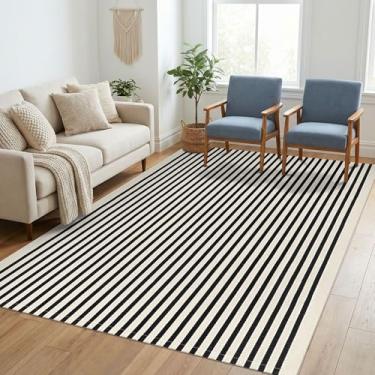 Imagem de KILOCOCO Tapete listrado bege 12 x 18 cm para sala de estar, algodão, lavável à máquina, tapetes em camadas para pátio, casa de fazenda, quarto, cozinha, lavanderia