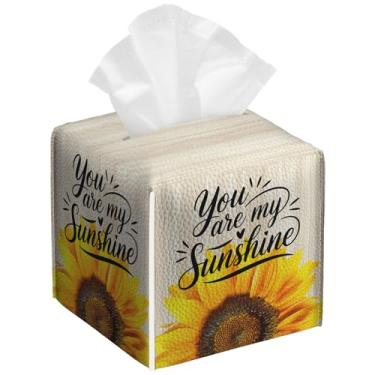 Imagem de Pacote com 2 caixas de lenços de girassol, capa quadrada de madeira, textura de poliuretano, suporte de caixa de lenços de papel facial à prova d'água, dispensador organizador de papel para banheiro