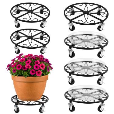 Imagem de Pacote com 6 suportes para plantas com rodas de 33,5 cm para plantas grandes, rolos de plantas resistentes, suporte de plantas, à prova de ferrugem, suporte para plantas de ferro forjado, carrinho de
