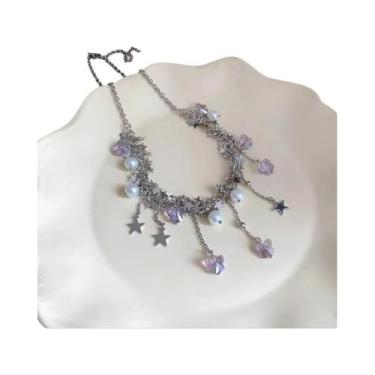 Imagem de Colar Choker De Pérola Com Franjas De Strass Silver Star Para Mulheres