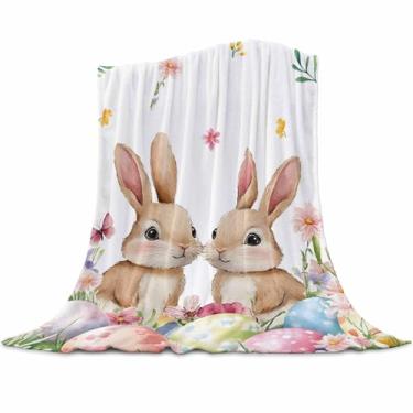 Imagem de Cobertores de primavera de Páscoa, cobertor de lã macia com ovos de coelho decorativo para sofá de casa, poltrona, quarto, 101 x 127 cm, folhas de flores de coelho de férias sazonais