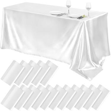 Imagem de TURSTIN Pacote com 16 toalhas de mesa de cetim branco, 250 x 137 cm, sobreposição de cetim, toalha de mesa retangular de seda brilhante, decoração de mesa de tecido liso para festas de banquete de