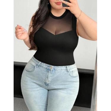 Imagem de Blusa Feminina plus Size Preta Com Detalhes Em Tela, Sem Mangas, Gola 